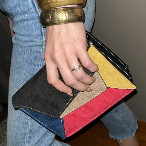 Vegan Suede Geometric Colour Blocked Purse with Chain Strap - Picture 1 of 4